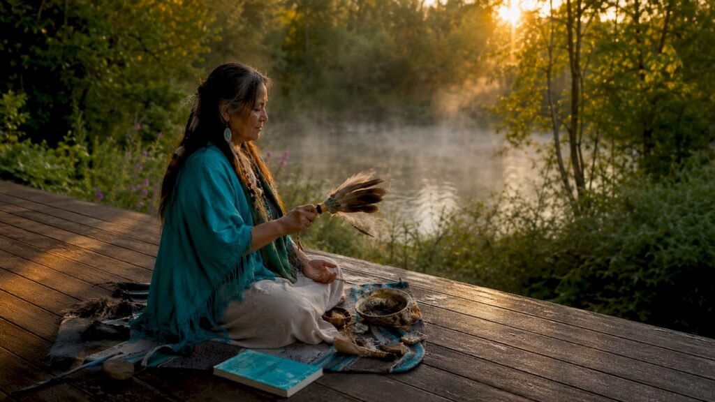 Shaman conducting soul retrieval ritual outdoors