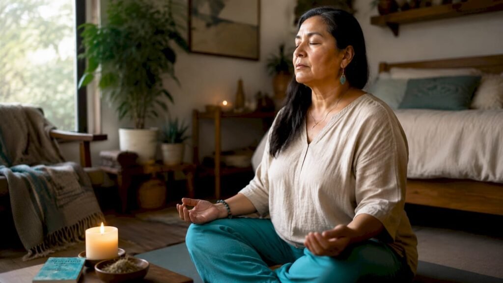 Woman meditating with ancestral healing objects