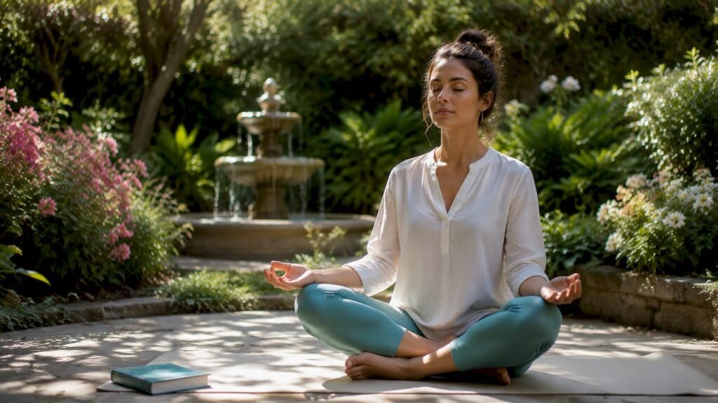 Woman meditating peacefully outdoors