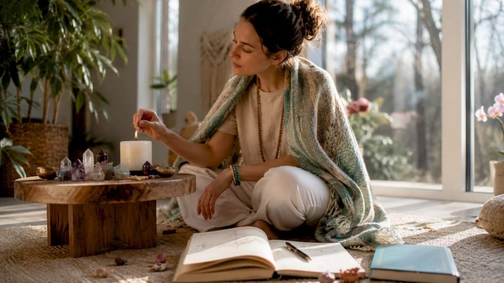 Woman practicing daily spiritual rituals with candle and crystals