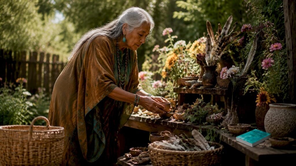 Elderly woman preparing ancestral altar offerings