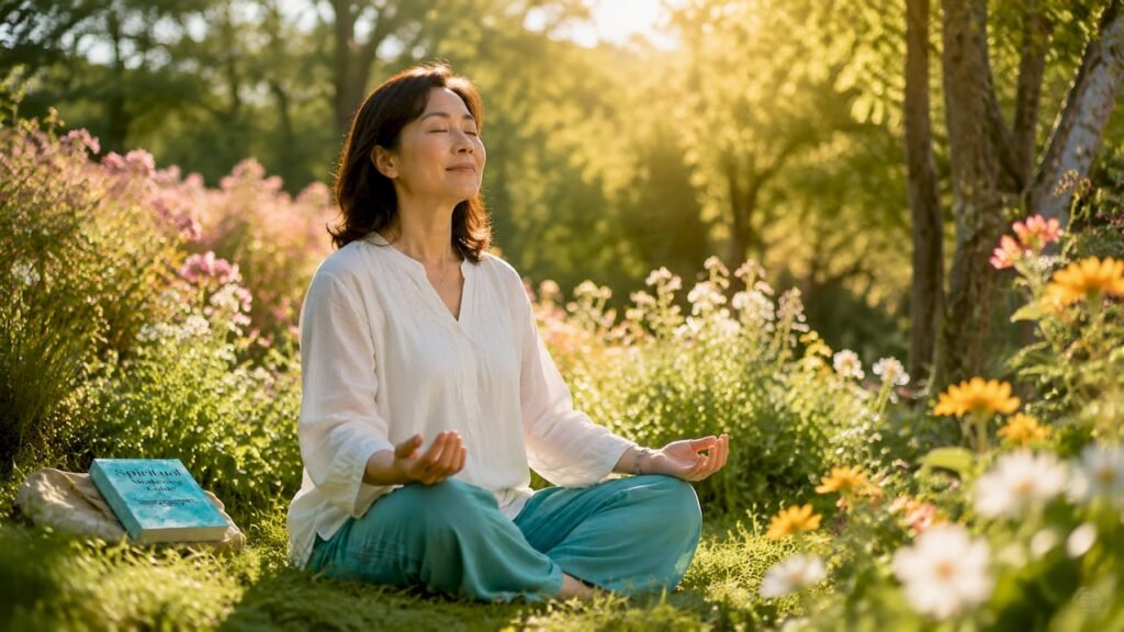 Woman meditating peacefully in a home nook