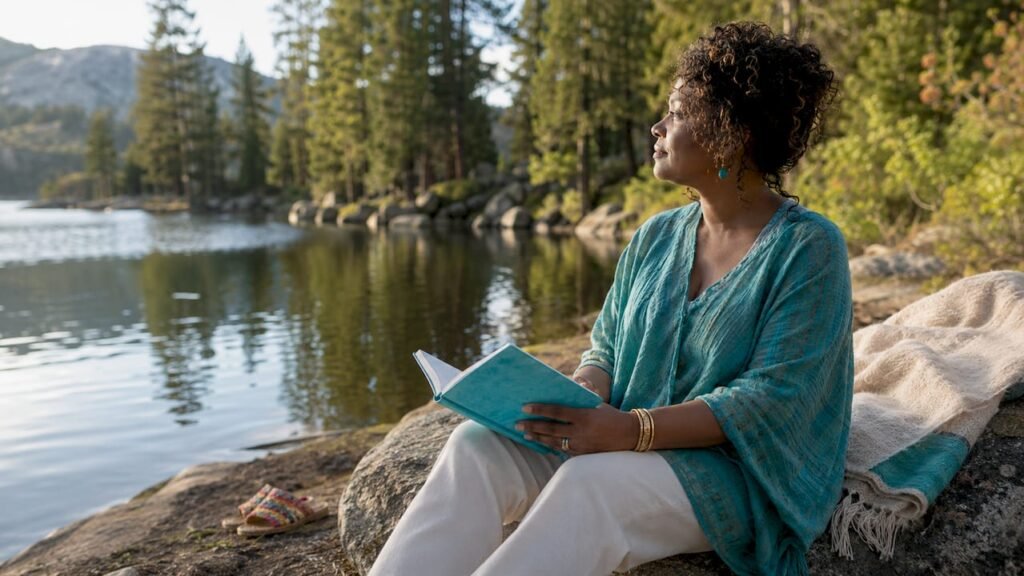 Woman reflecting peacefully in forest