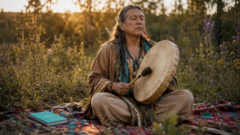 Shaman performing spiritual healing ritual indoors