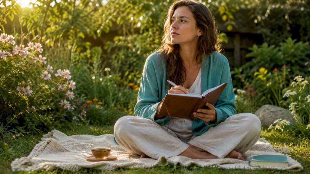 Woman journaling spiritually on window seat