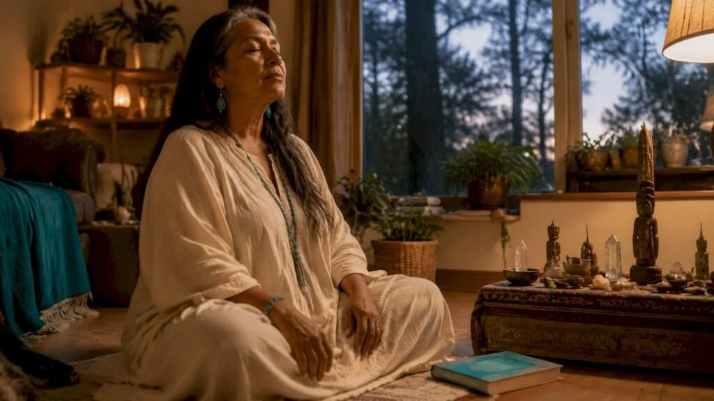Woman practicing shamanic journey meditation indoors