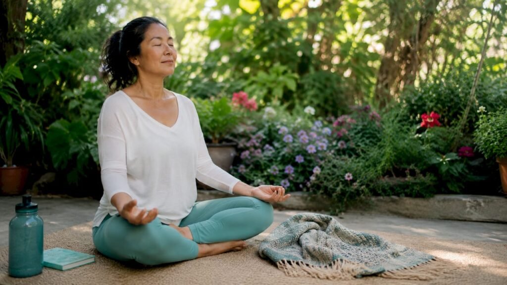 Woman meditating on yoga mat in home studio