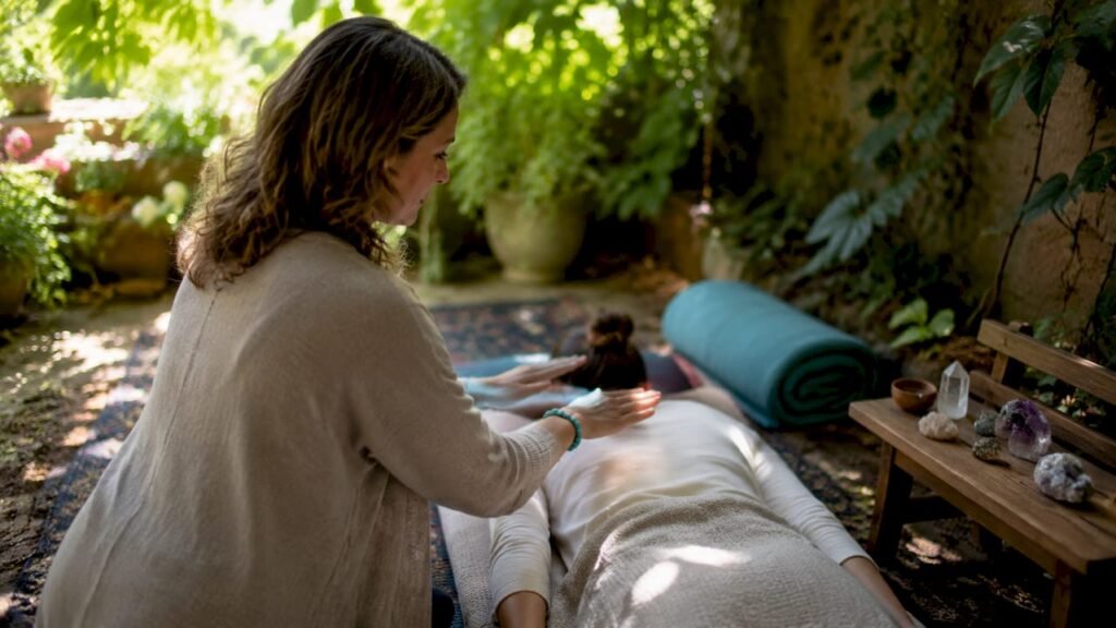 Intuitive healing hands-above energy session in therapy room