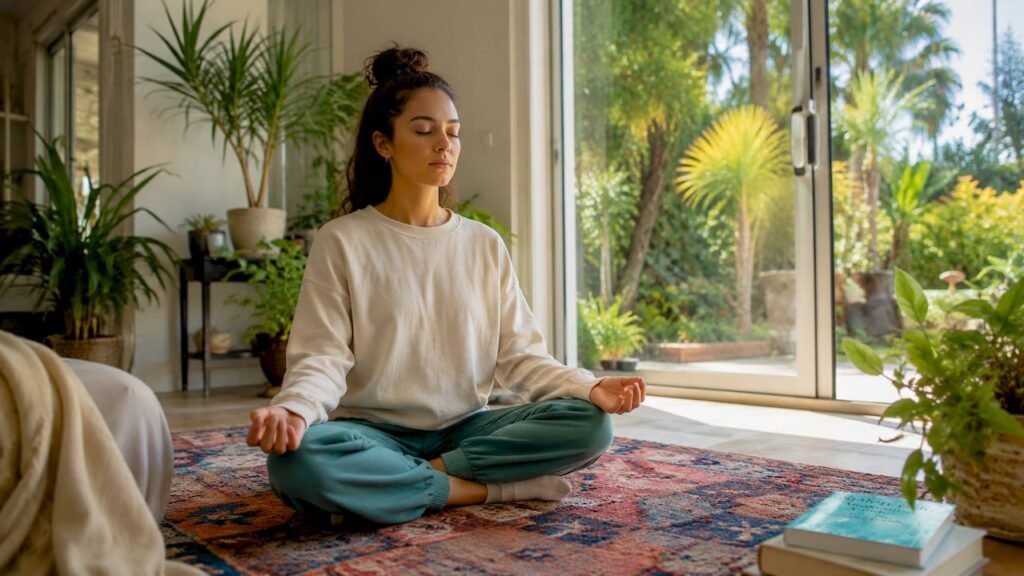 Woman meditating peacefully indoors for higher self connection