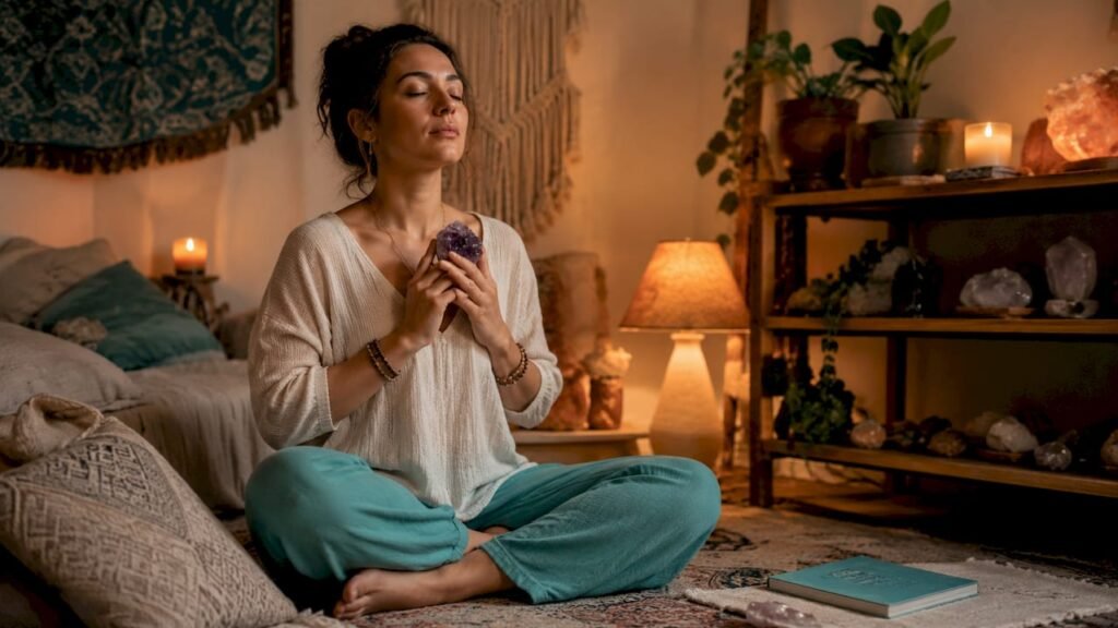 Woman meditating with amethyst crystal