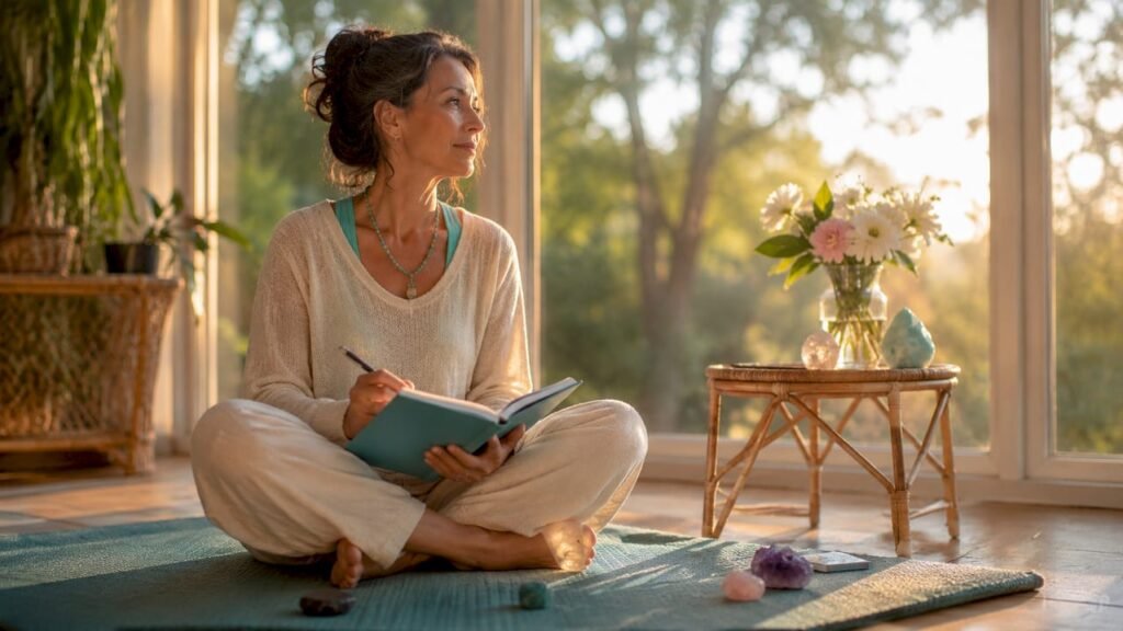 Woman journaling during meditation at home