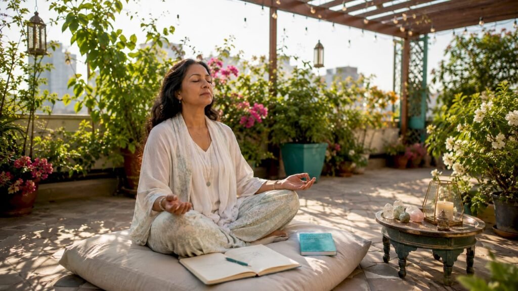 Woman meditating peacefully in home meditation room