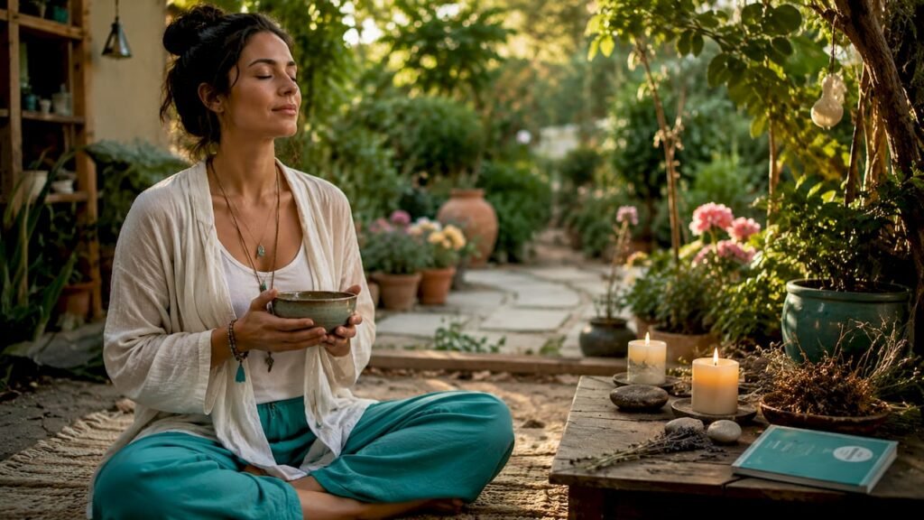 Woman meditating with forgiveness ritual items