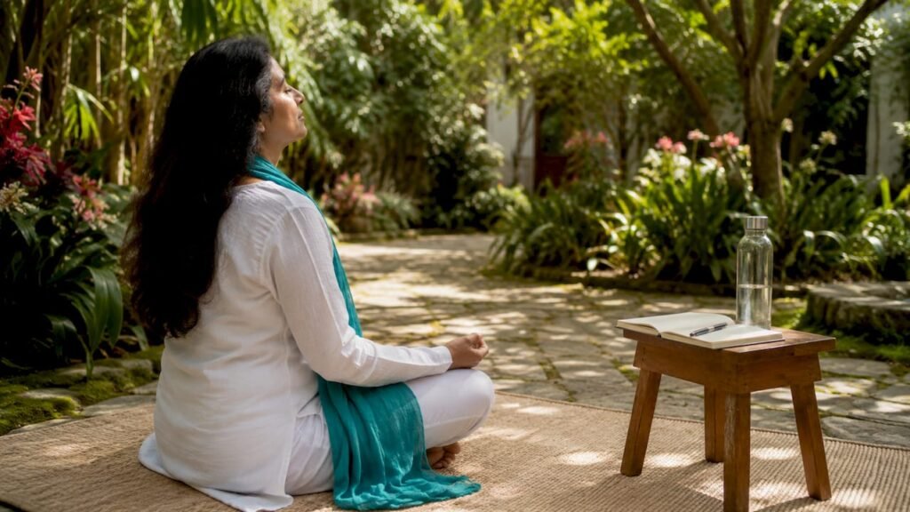 Woman meditating peacefully in outdoor healing garden