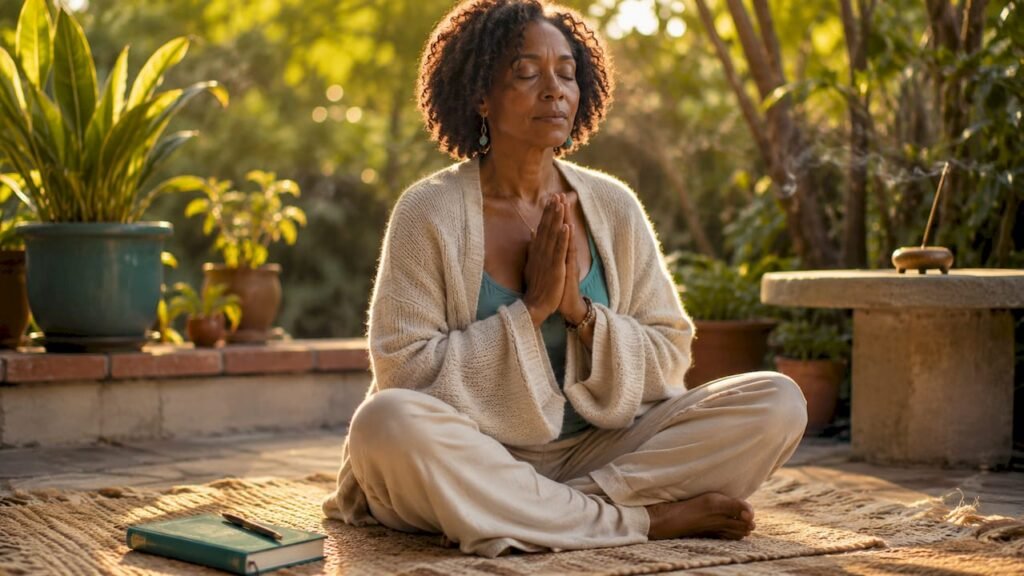 Woman praying peacefully in home setting
