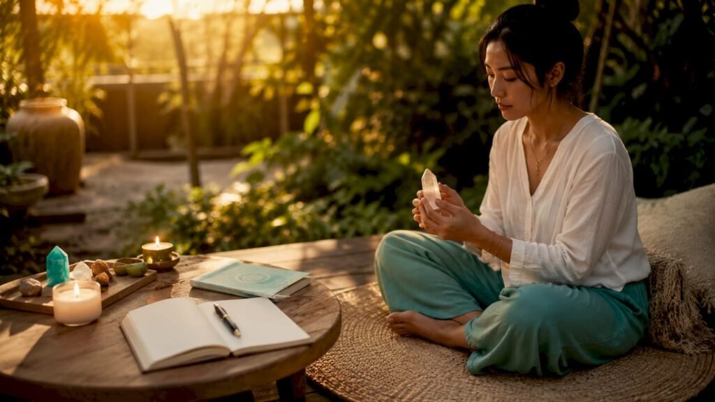 Woman meditating with crystal at home nook