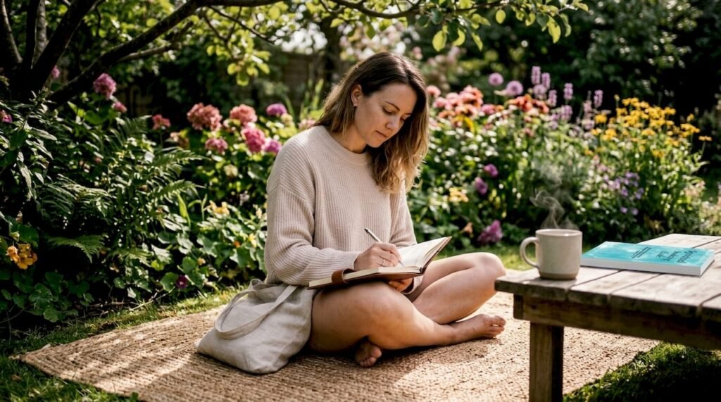 Woman journaling in cozy living room