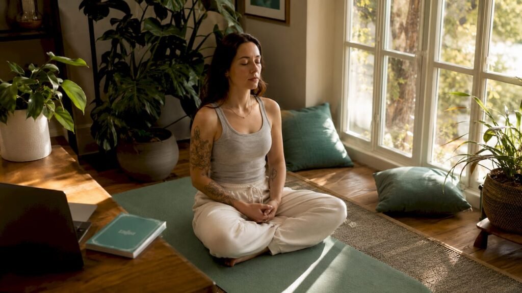 Woman meditating in sunlit yoga studio