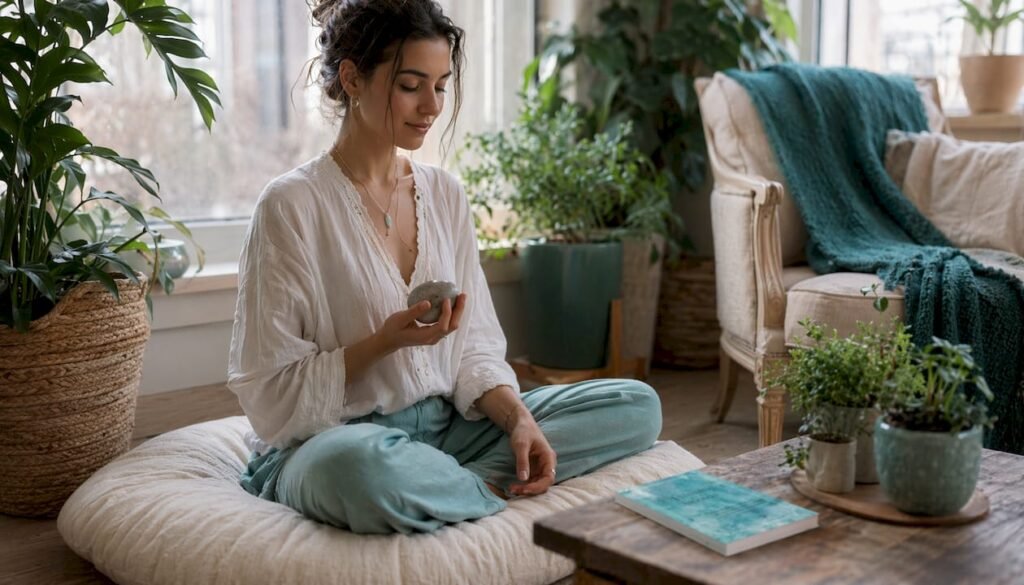 Woman practicing grounding exercise indoors