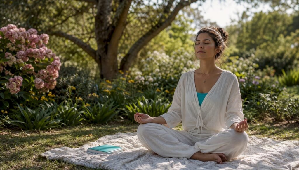Woman practicing mindful breathing at home