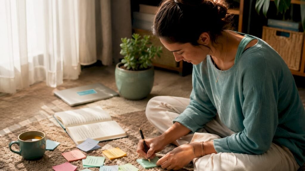 Woman writing sticky notes for habits at home