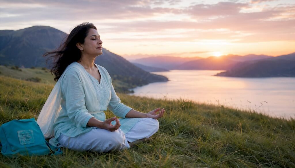 Woman meditating peacefully by lake at sunrise