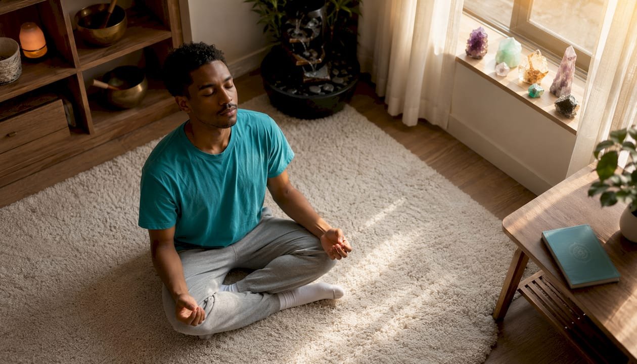 Inner Calm: The Key to Letting Go and Finding Peace 1 Man practicing focused breathing on sofa