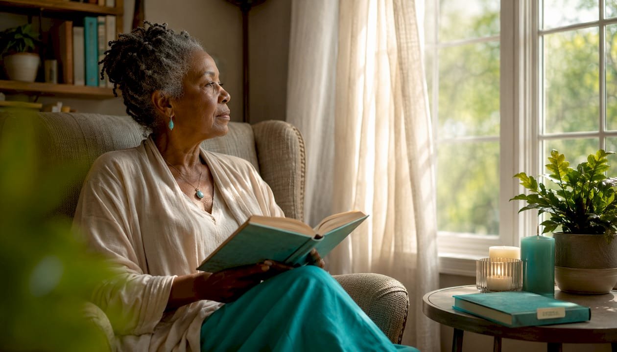 You Can Heal Your Life: Louise Hay's Mind-Body Guide 1 Elderly woman reflecting with book in cozy room