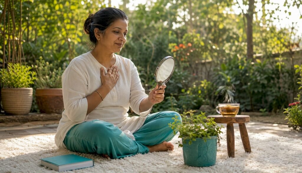 Woman practicing mirror affirmations at home