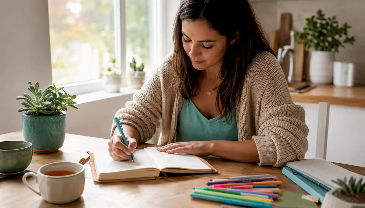Hands writing in journal on rustic desk