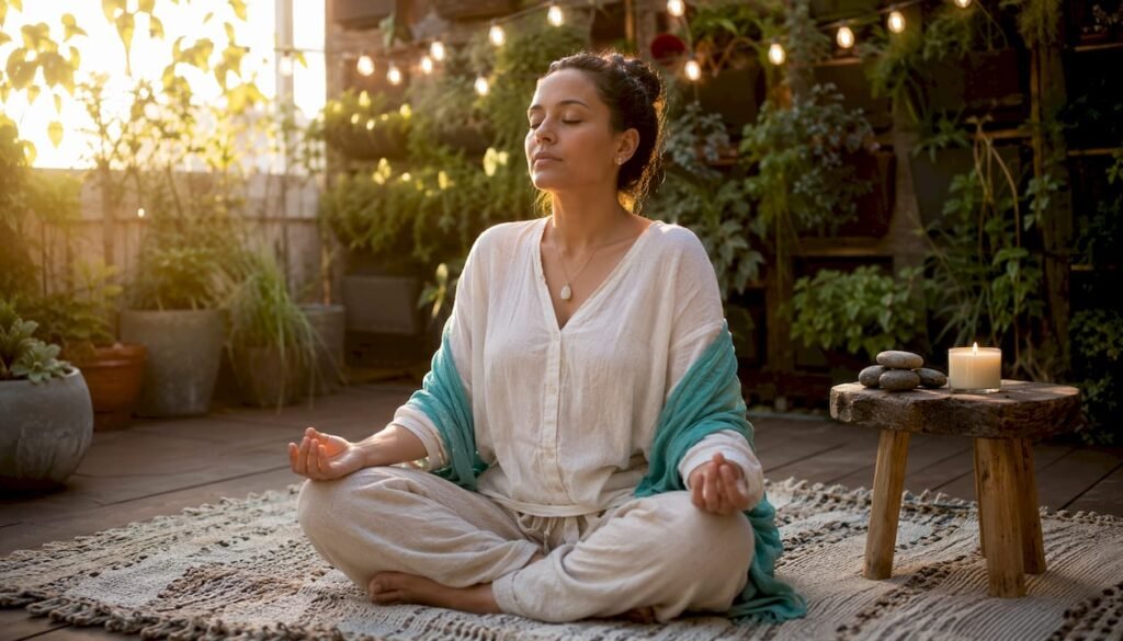 Woman meditating peacefully in home setting