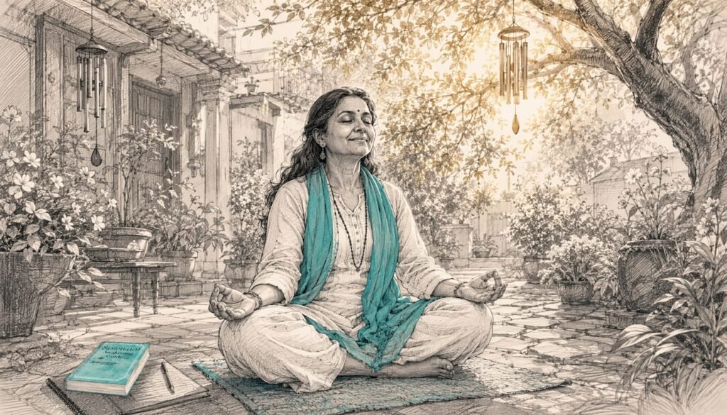 Woman meditating peacefully in cozy spiritual nook