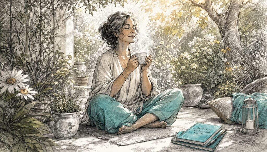 Woman meditating in peaceful home studio