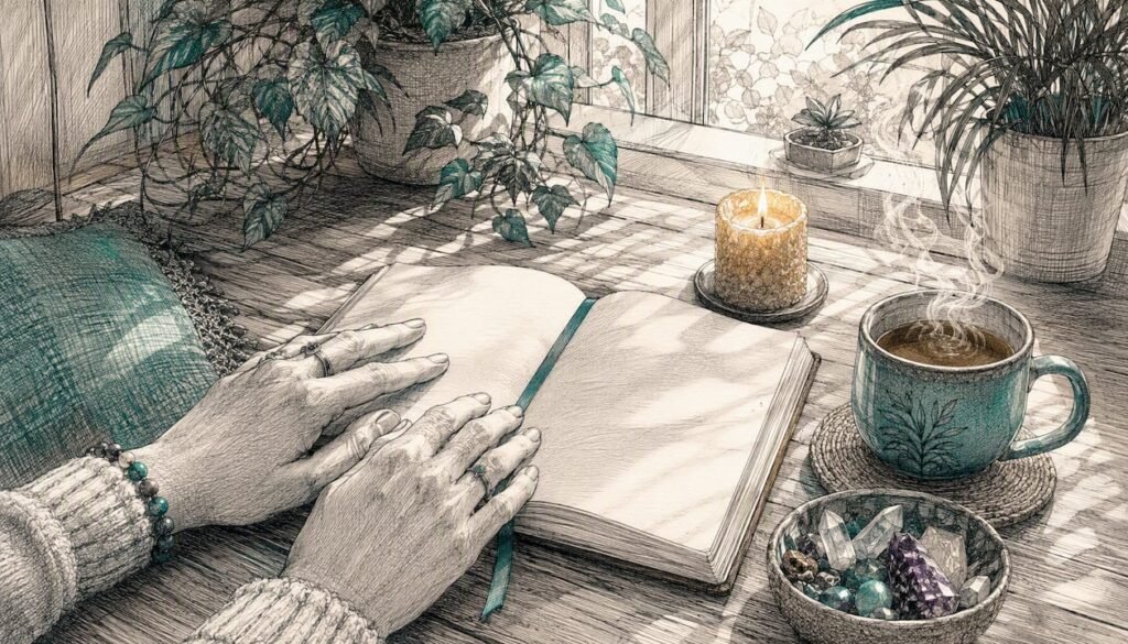 Hands starting a spiritual journaling ritual with planner