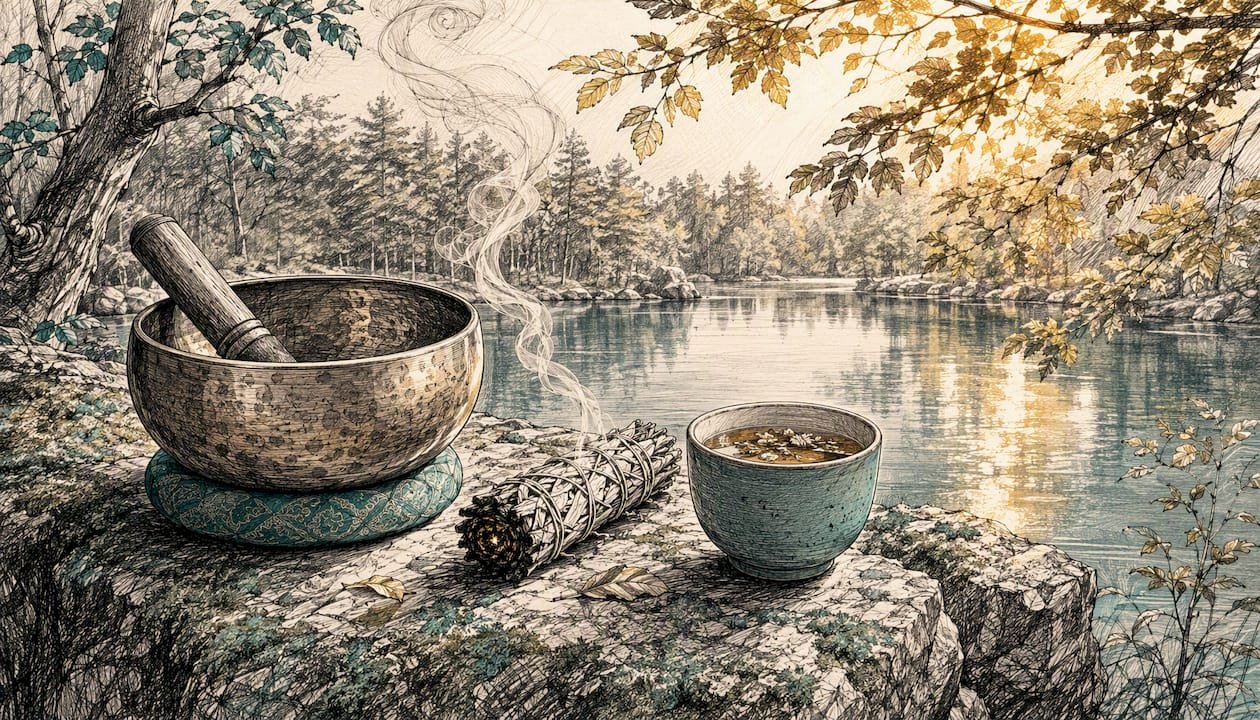 Ego Death Spiritual: A Practical Guide for Seekers 1 Stone altar with singing bowl and smudge bundle