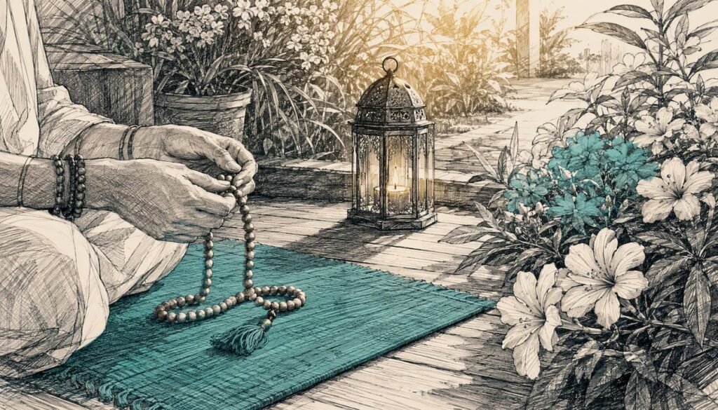 Hands holding mala beads in meditation space