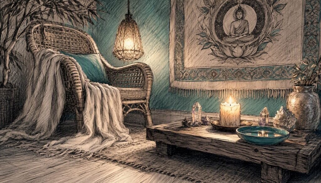 Calm meditation space with candle and shawl