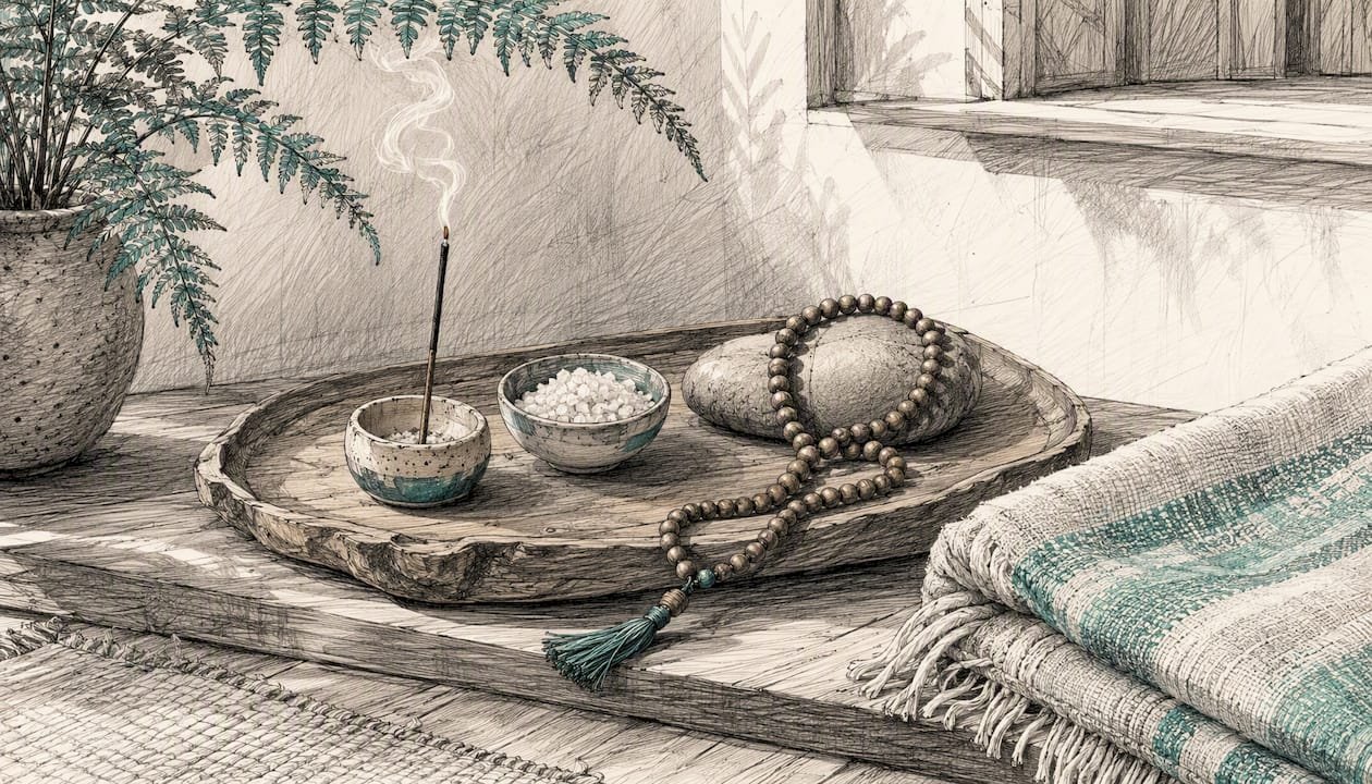 Home altar with incense and mala beads
