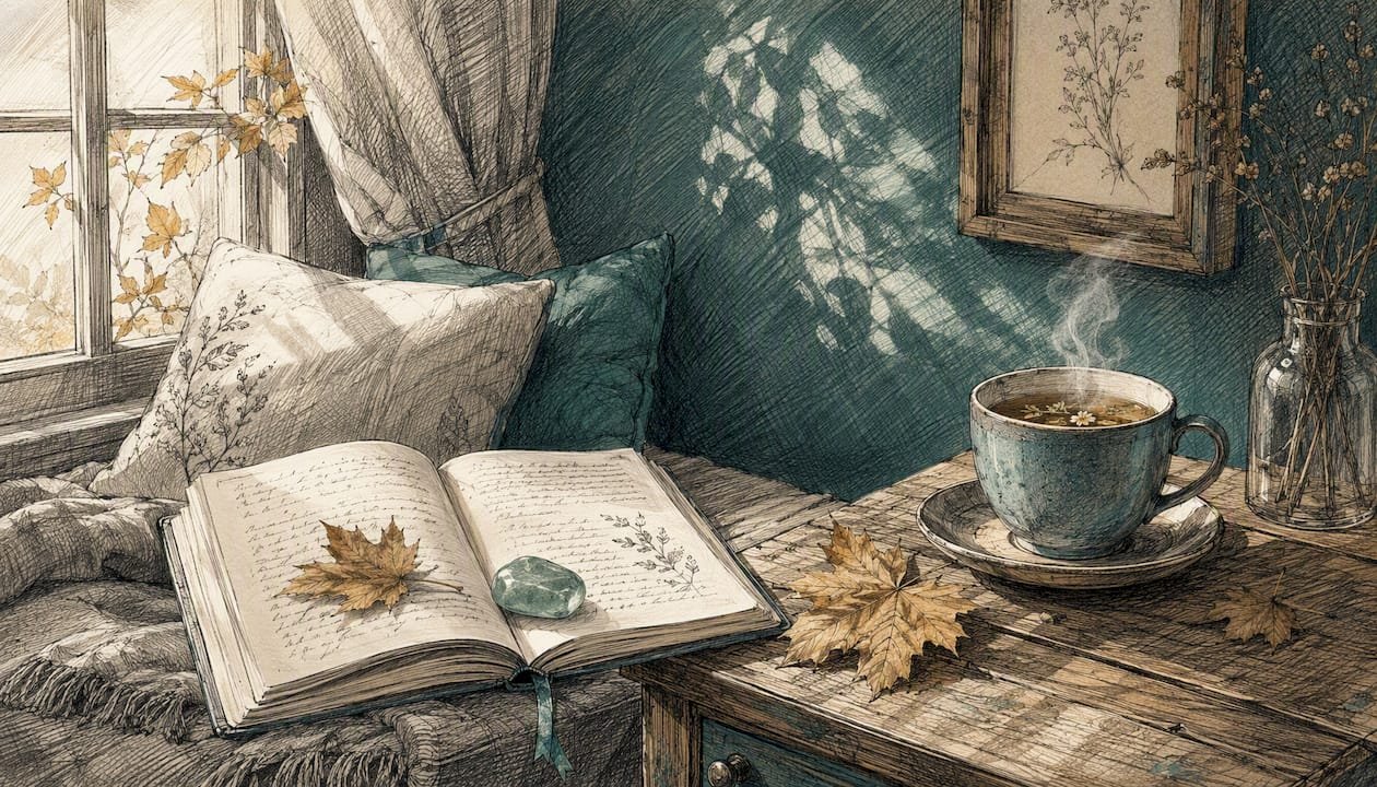 Quiet study corner with journal and tea