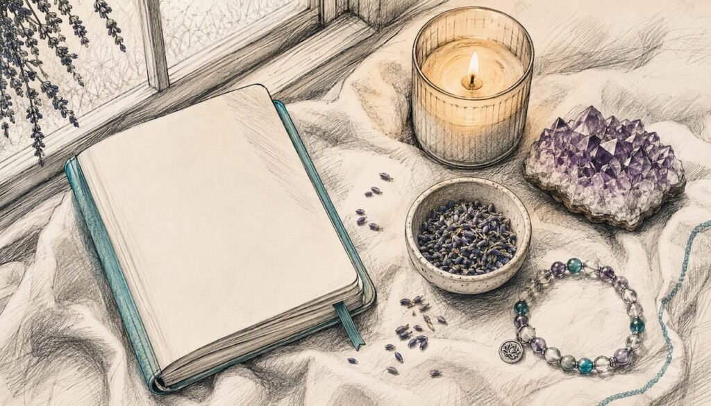 Manifestation ritual objects on teal cloth