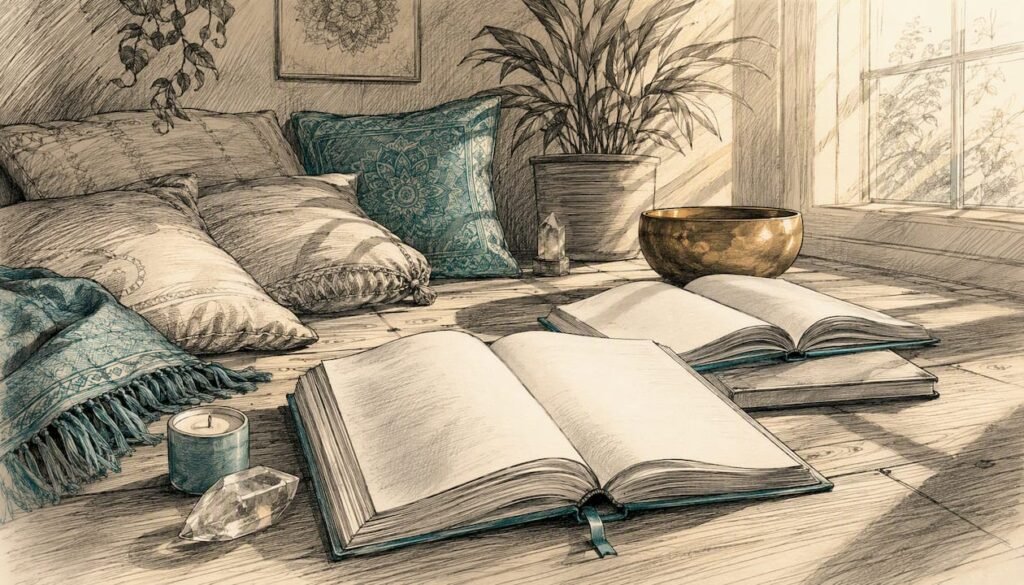 Open energy healing books with spiritual objects