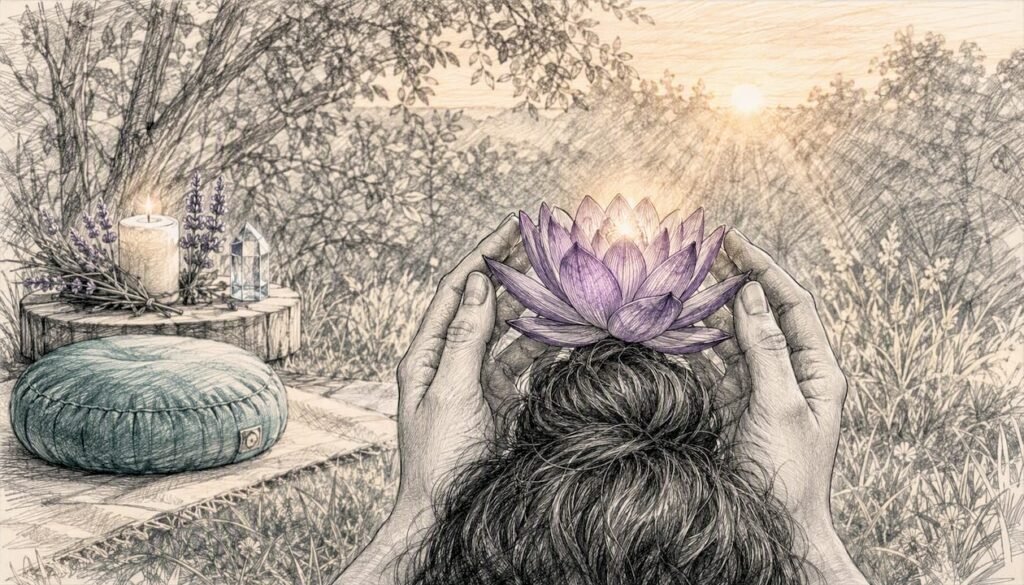 Hands holding lotus flower at crown chakra