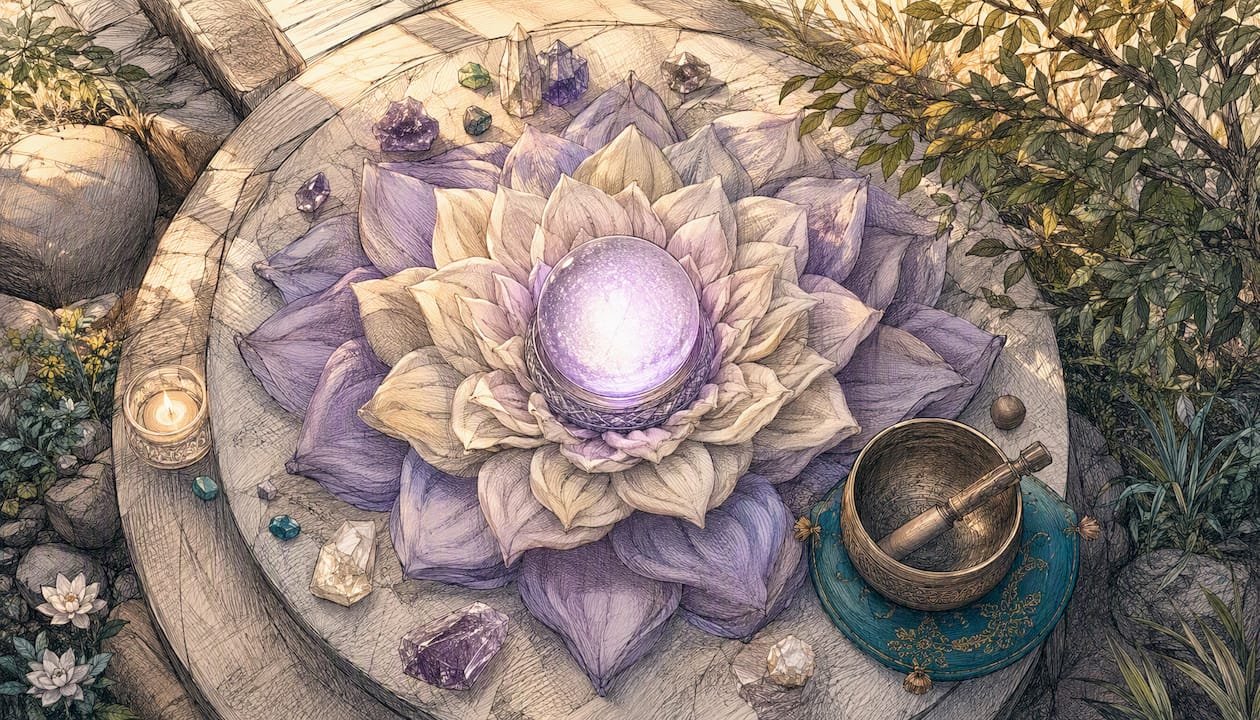 Crown Chakra Meditation: Open, Connect, and Find Clarity 1 Lotus petals and glowing violet light at meditation altar