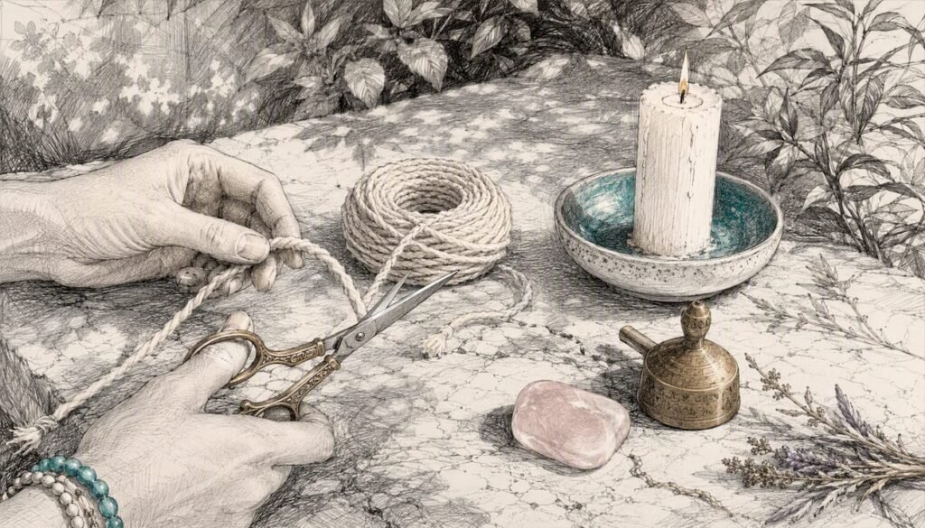 Hands holding cord and scissors over altar
