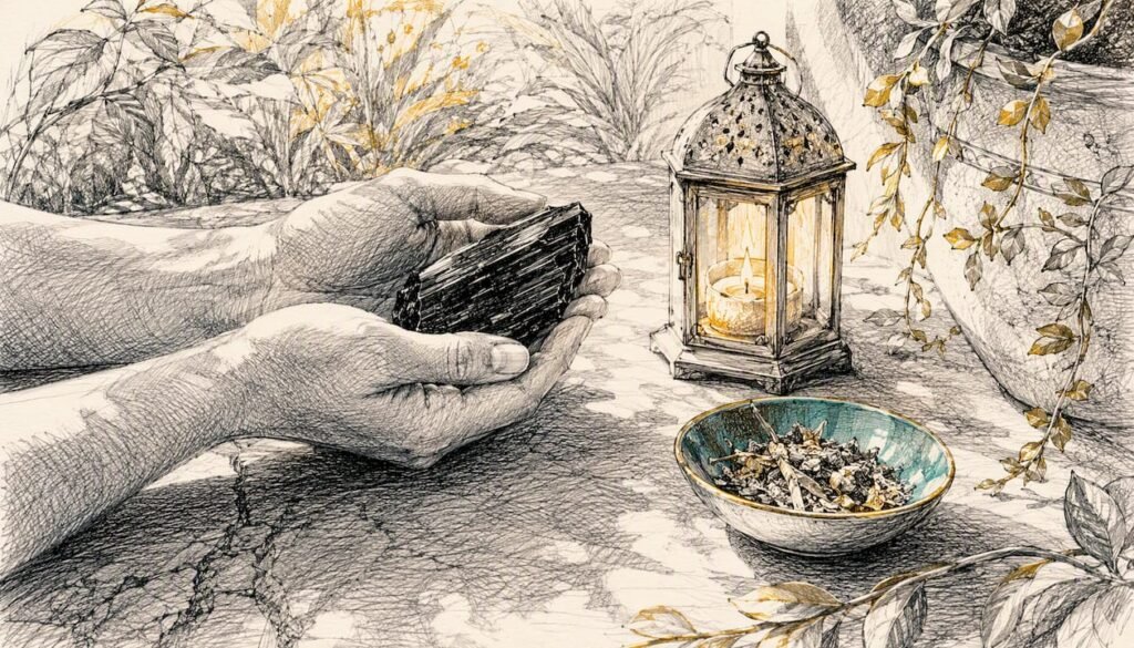 Hands holding tourmaline crystal by candle
