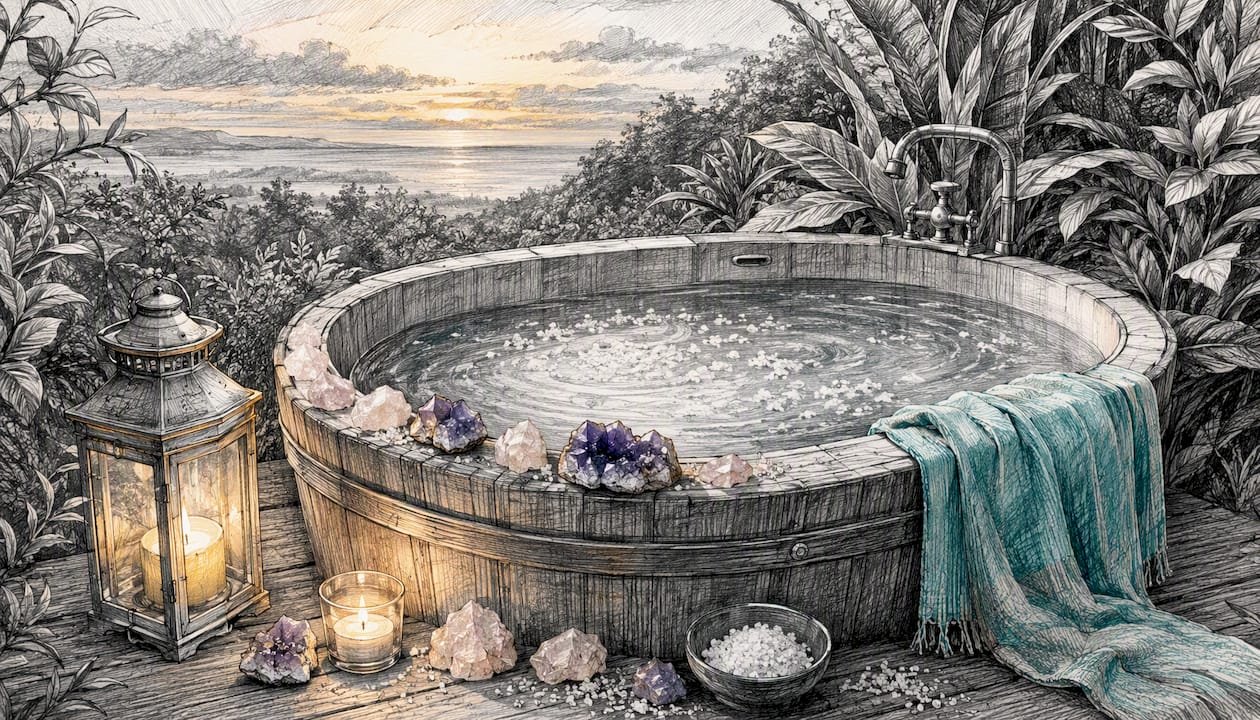 Empath Protection Rituals: Practical Spells and Daily Practice 2 Epsom salt bath with crystals and candles