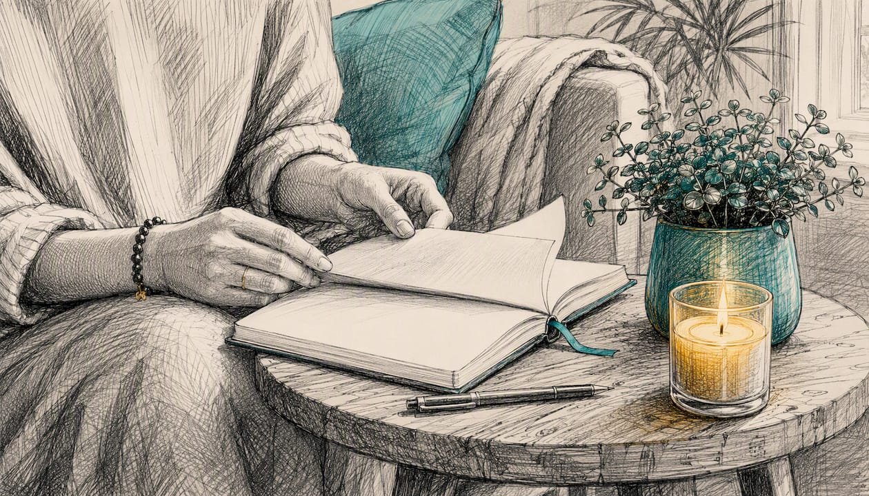 Hands journaling with candle and crystal nearby