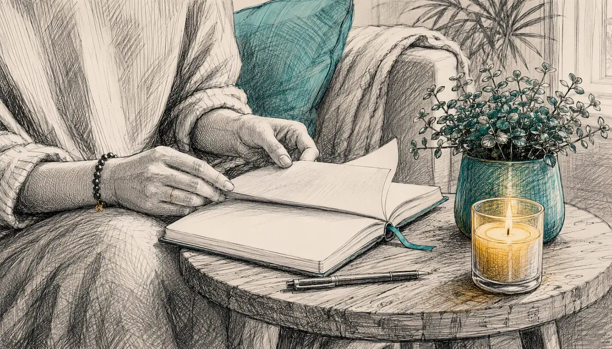 The 10 Spiritual Awakening Stages: A Practical Guide 1 Hands journaling with candle and crystal nearby