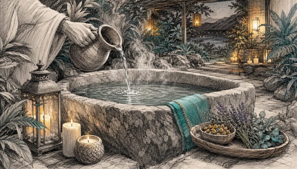 Hand pouring water into herbal-filled bathtub