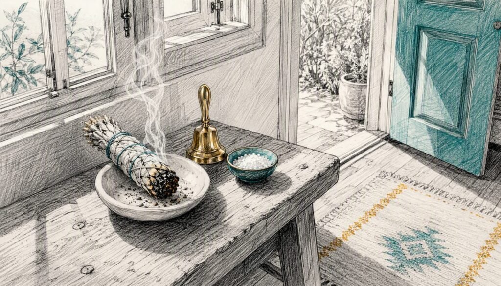 White sage, bell, and salt on wood table by open windows